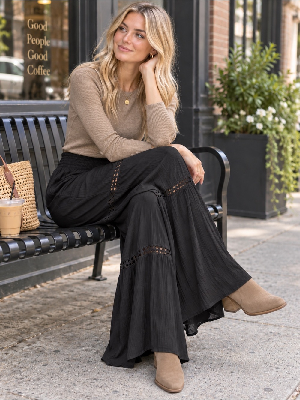 Eclipse Black Wide-Leg Lace-Panel Pants